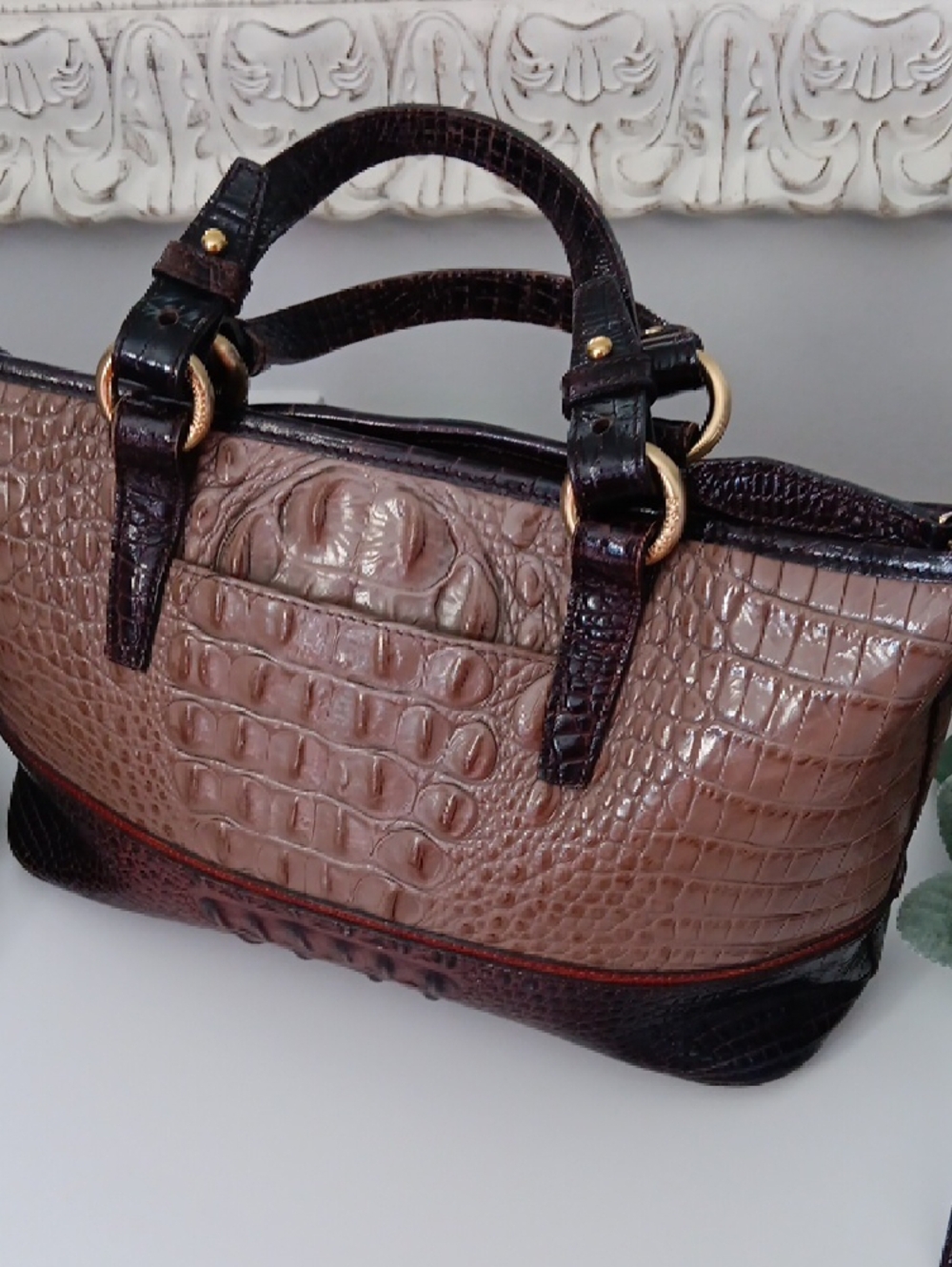Brahmin Brown and Black Croc-Embossed Leather Satchel with Tassel - Picture 8 of 11